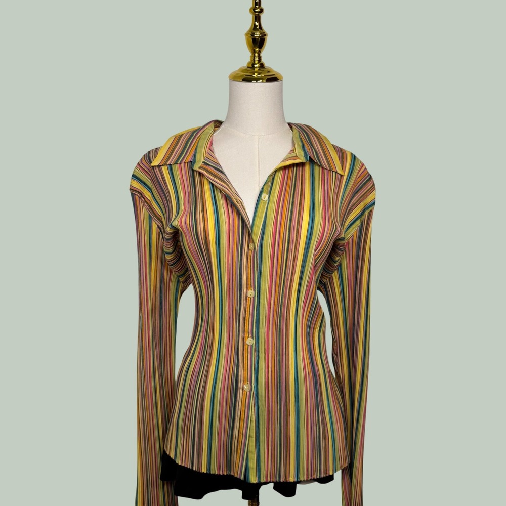 vintage 00s milano button up collared blouse candy stripe hippie 70s retro artsy